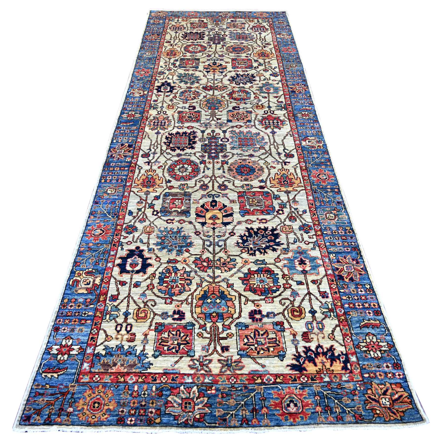 4'1"x11'8" Oyster Gray, Aryana Grade, Northwest Persian with All Over Design, Vegetable Dyes, High Mountain Wool, Hand Knotted, Densely Woven, Wide Runner, Oriental Rug 